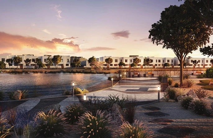 Shaded pedestrian walkway and landscaping